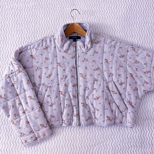 FOREVER 21 Quilted Jacket Womens Large Light Blue Floral Cropped Soft Casual